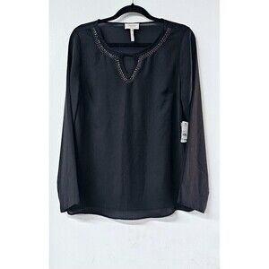 LAUNDRY by Shelli Segal Black Long Sleeve Sheer Beaded Blouse Size 8 NEW $169